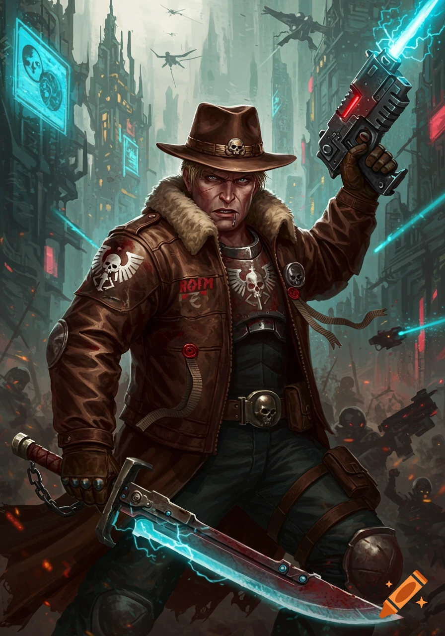 A grim male character, a rogue trader, in a brown fedora and leather jacket, holds a glowing plasma pistol and power sword in a dark, futuristic hive city.