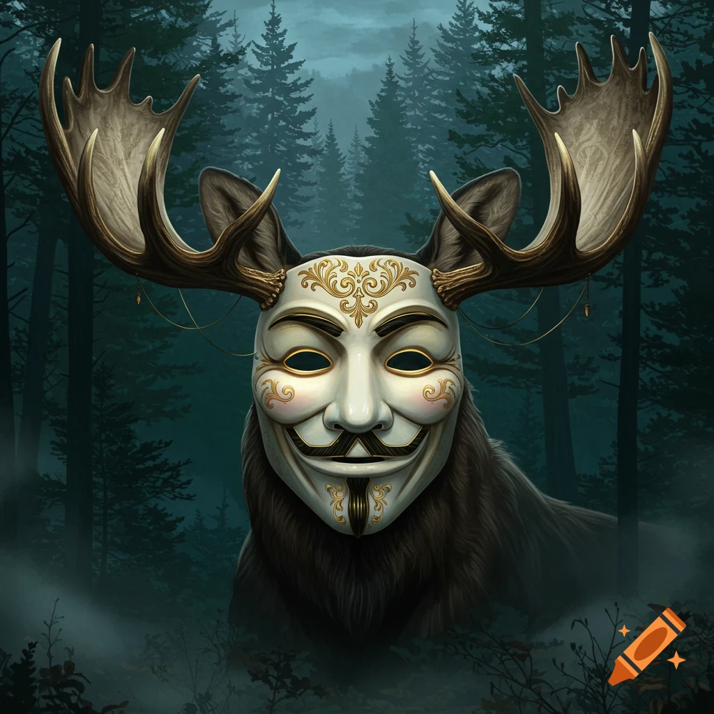A stylized moose-like creature wearing an ornate white and gold Guy Fawkes mask in a dark, misty forest.