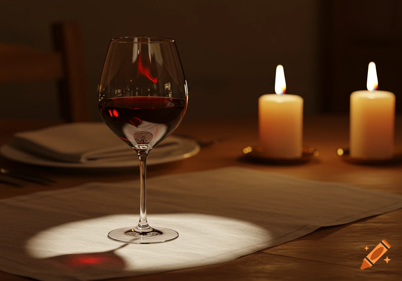 A photorealistic image of a wine glass on a table, with two lit candles and a place setting in the background.