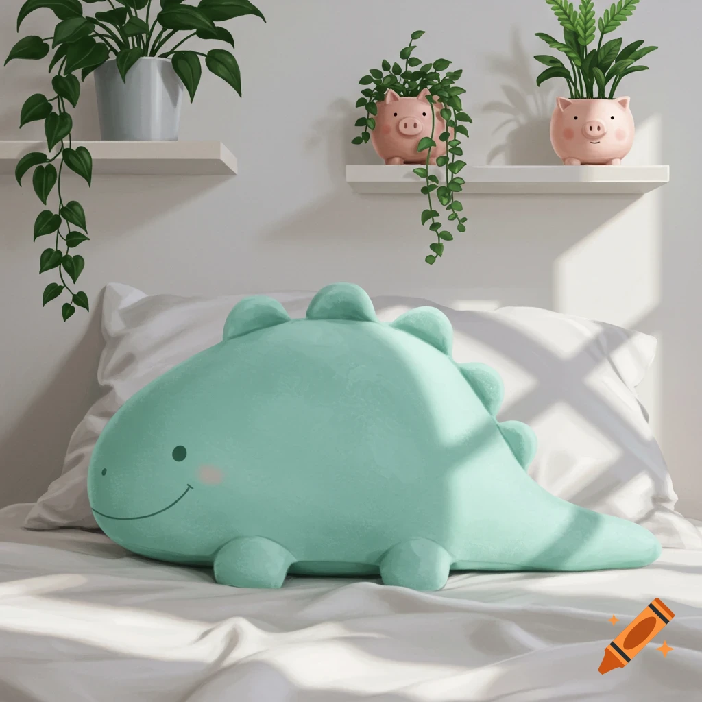 A cute teal dinosaur plushie lies on white bedding in a sunlit room. White shelves with potted plants, including pig-shaped ones, are above.