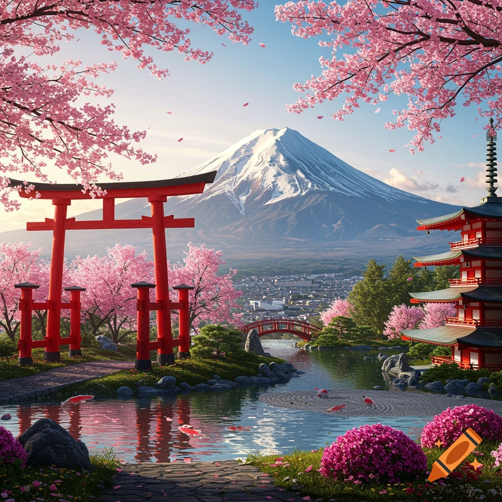 A vibrant landscape of Mount Fuji, a red torii gate, and a pagoda, surrounded by pink cherry blossoms, a pond with koi, and a Japanese garden.