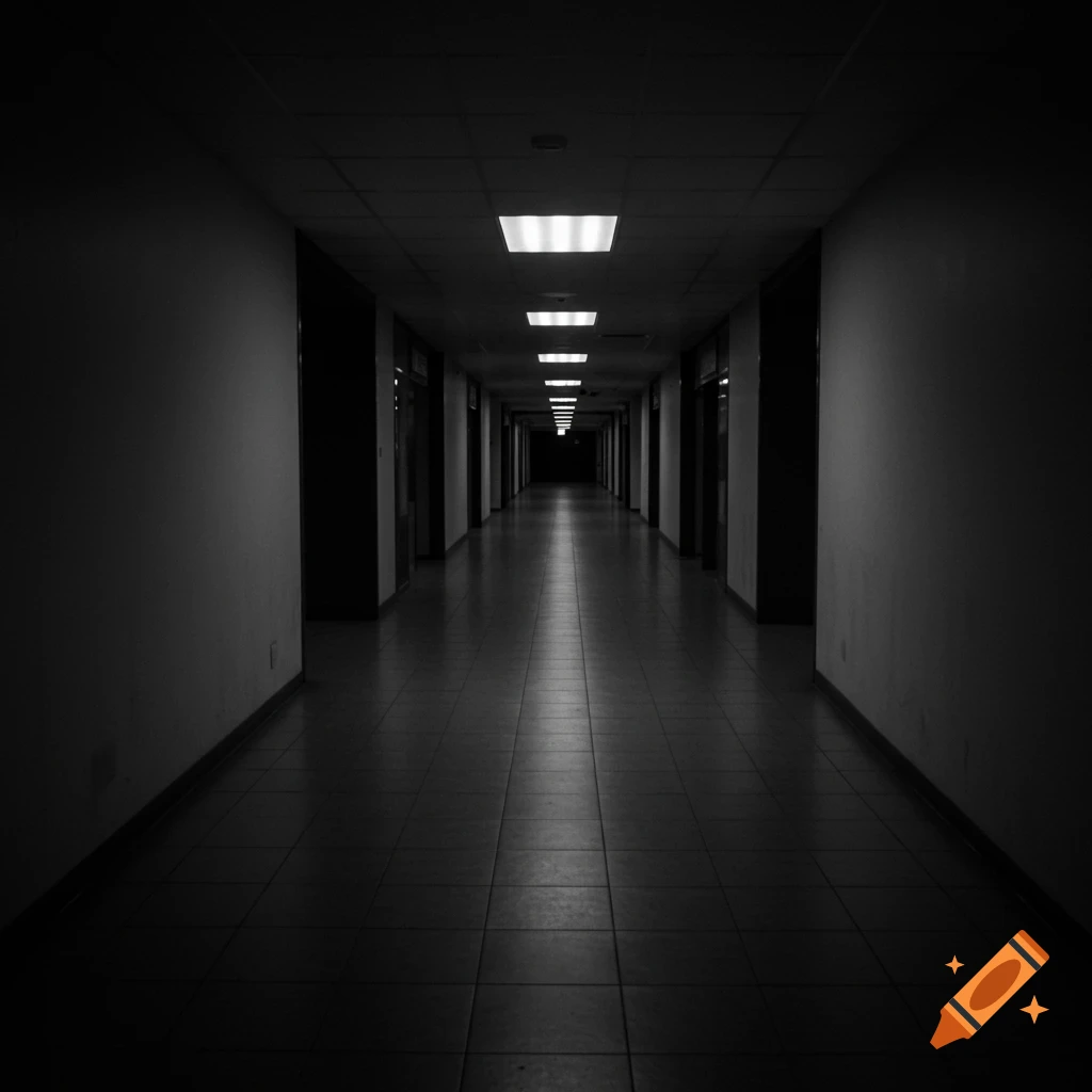 A long, dark, empty hallway with a tiled floor and rectangular fluorescent lights receding into the distance, in black and white.