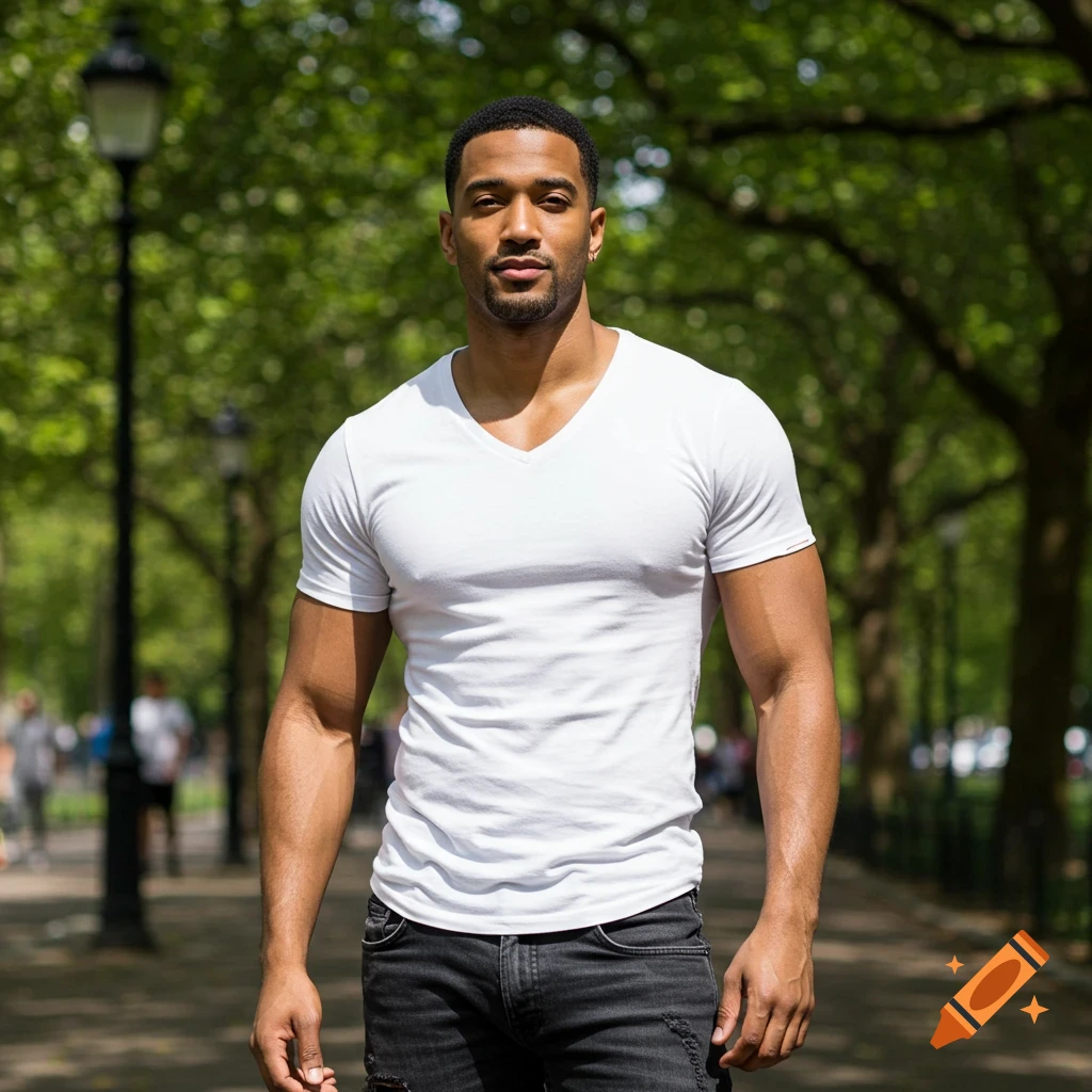 A muscular man in a white V-neck shirt and dark jeans stands on a tree-lined path.