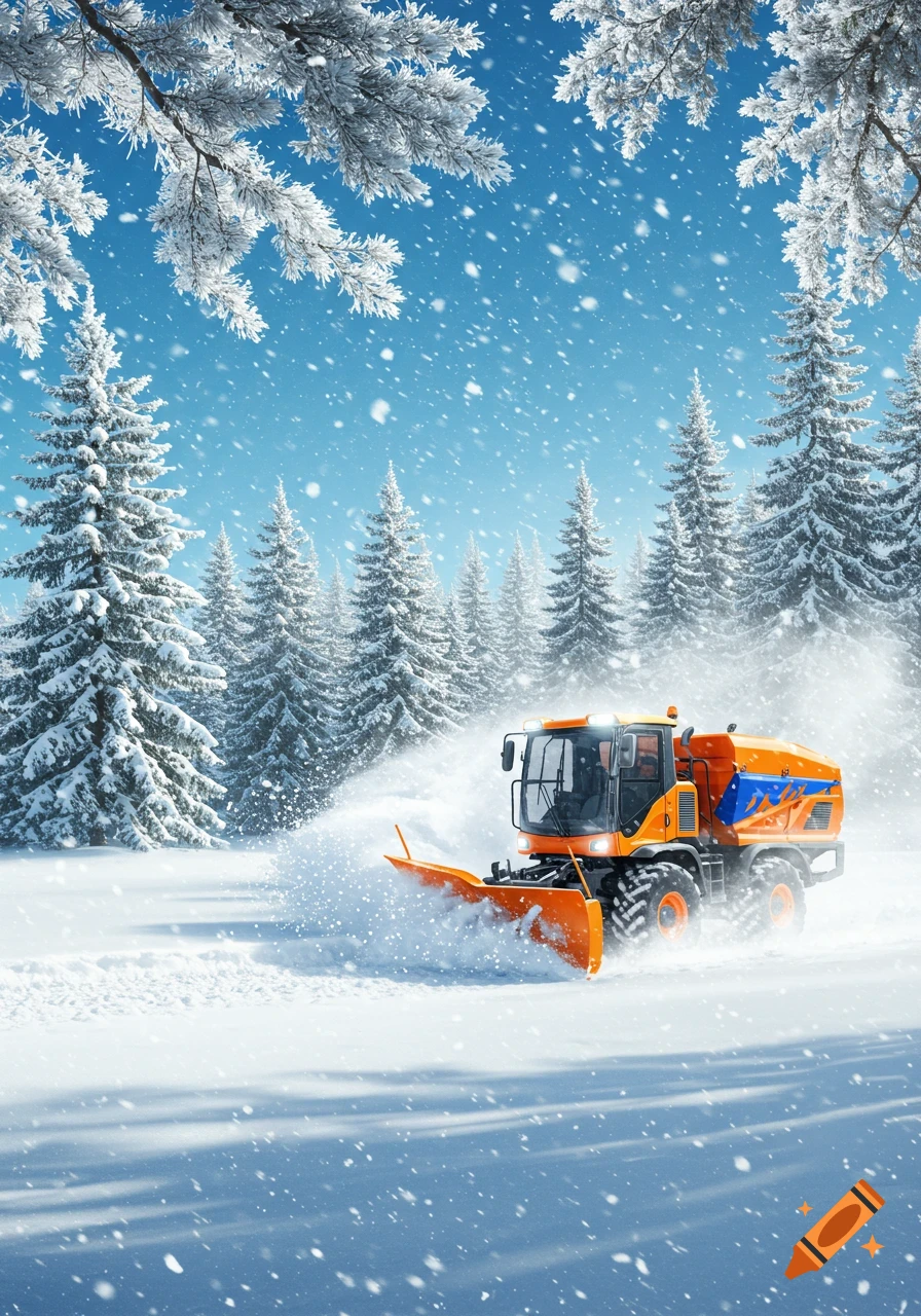 A snowplow clears snow in a winter forest under a bright blue sky, with snow-covered trees and falling snow.