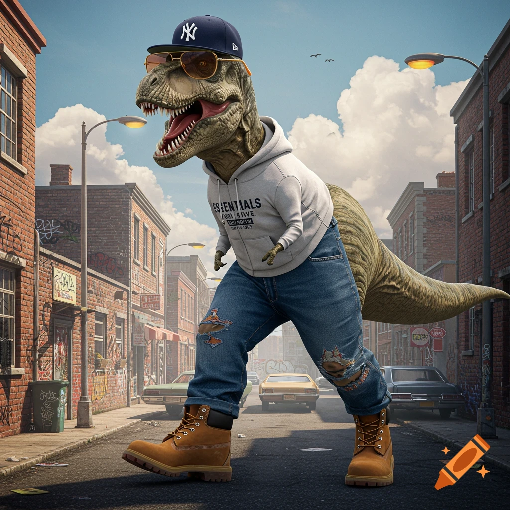 A T-Rex in a white hoodie, baggy jeans, Timberland boots, brown sunglasses, and an NY baseball cap walks down a street in a city, photorealistic style.
