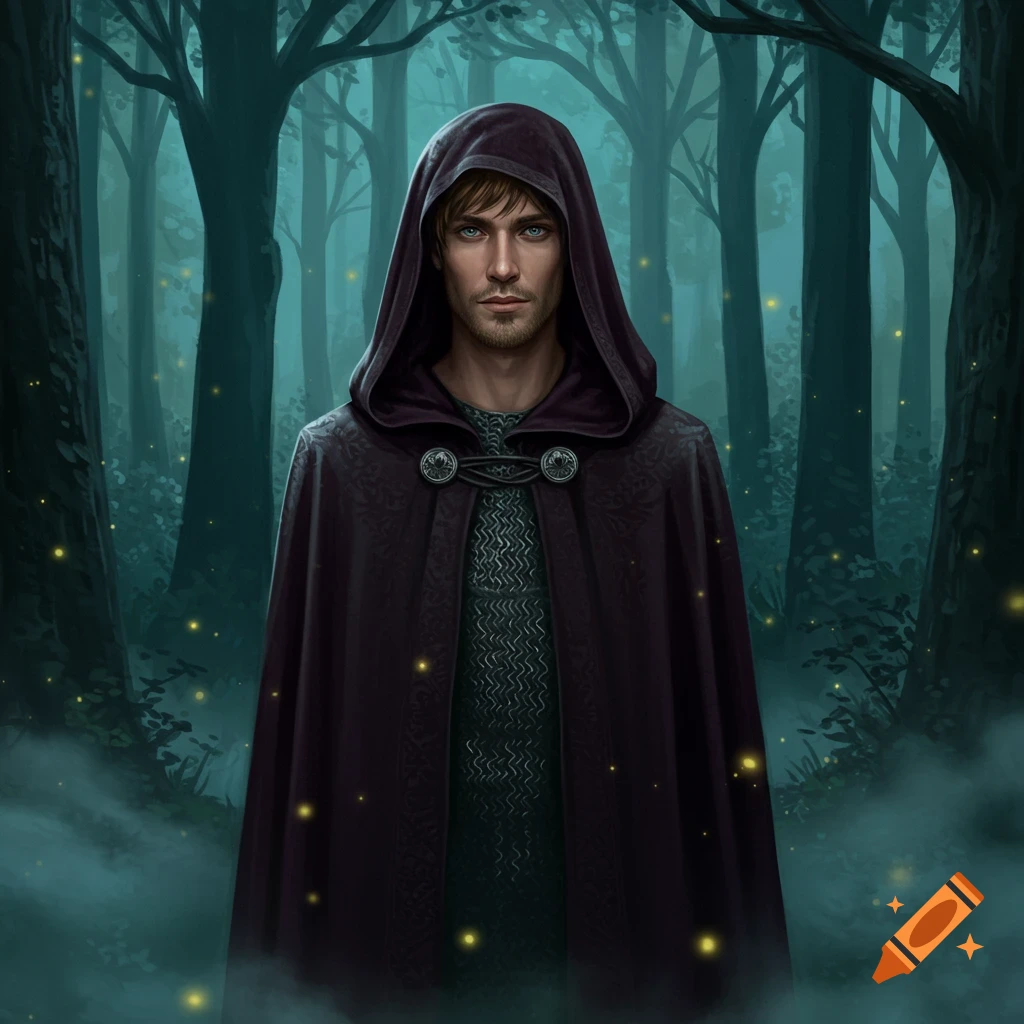 A man in a dark hooded cloak stands in a mystical forest with glowing fireflies.