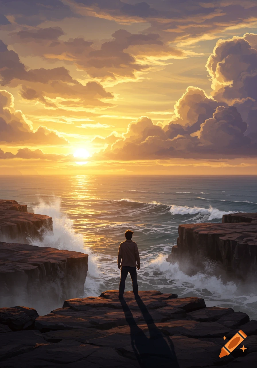 A lone man stands on a cliff overlooking a vibrant ocean sunset with golden clouds.