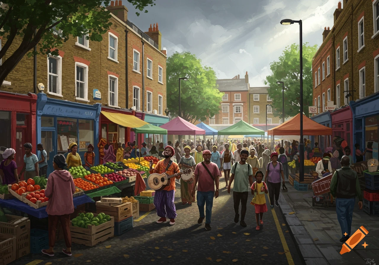 A bustling street market scene with many people, colorful fruit stalls, and brick buildings under a cloudy sky. A man plays a string instrument.