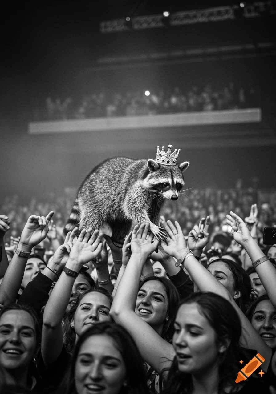 A black and white photorealistic image of a raccoon wearing a crown, crowd surfing on the hands of an audience at a concert.