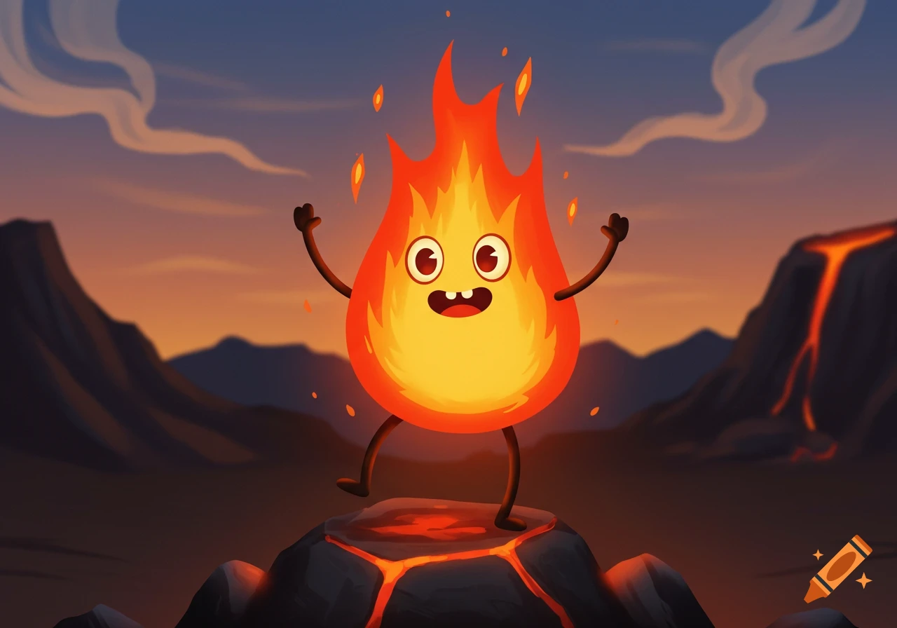A happy cartoon flame character with stick arms and legs stands on a glowing rock, with a volcano erupting lava in the background at sunset.