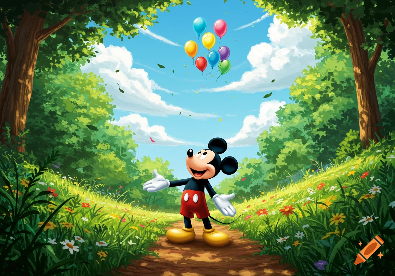 Mickey Mouse stands on a path in a vibrant green forest, looking up at colorful balloons floating into the blue sky.