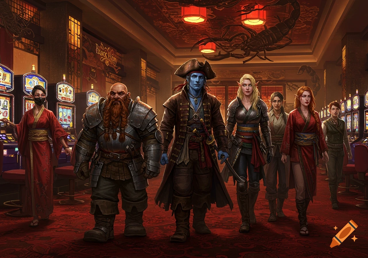 A dwarf, a blue-skinned elf pirate, and three female elves/humans walk through a red-carpeted casino with slot machines, under a ceiling decorated with scorpions.