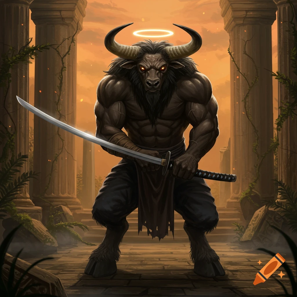 A muscular minotaur with glowing red eyes and a halo stands with a katana in ancient ruins.