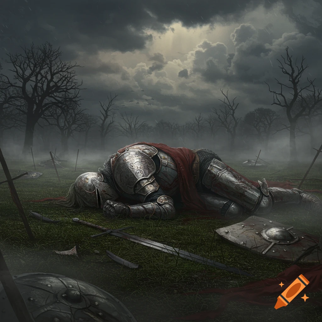 A fallen knight in full armor lies on a grassy battlefield under a dark, stormy sky with bare trees.