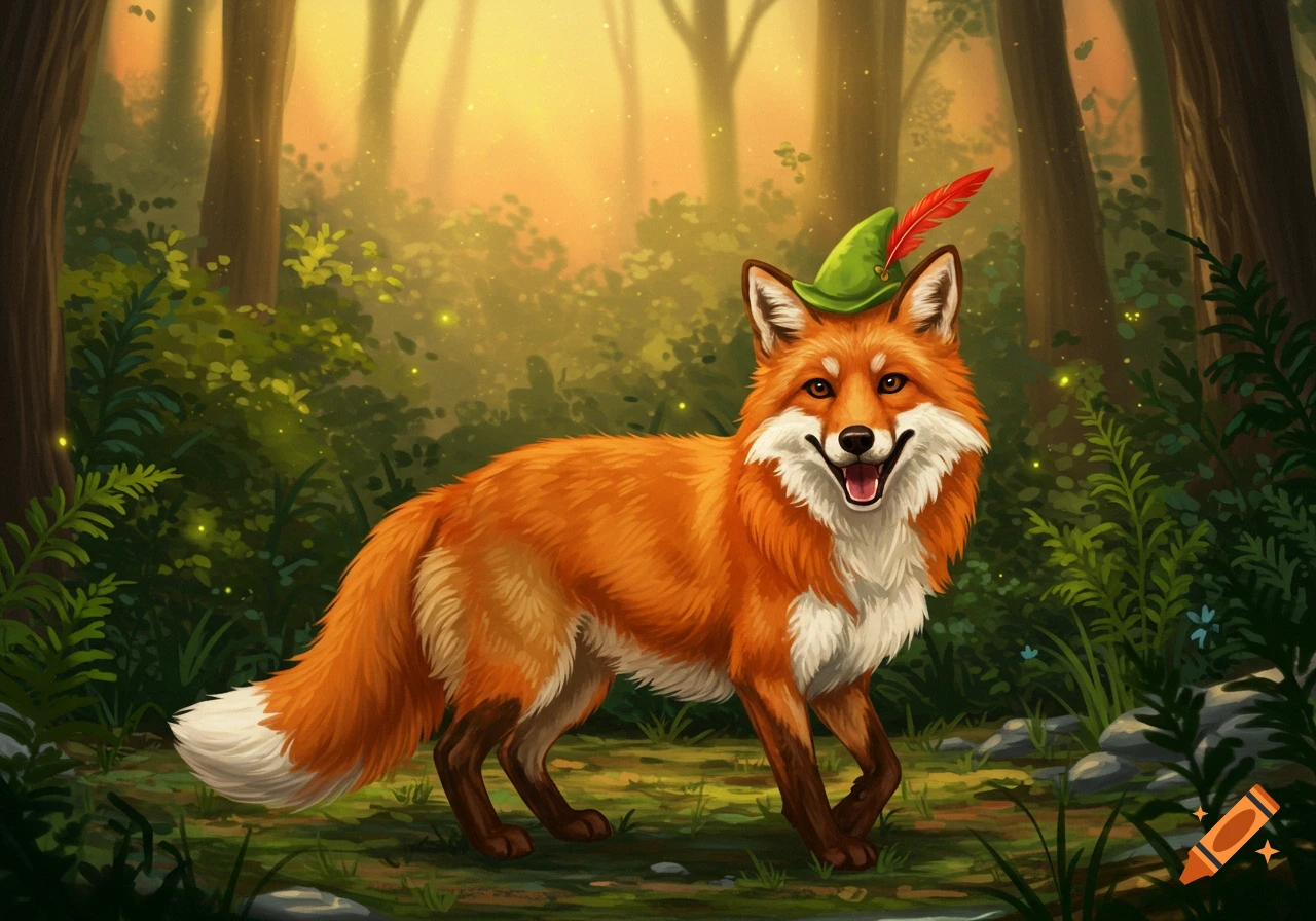 An illustration of a smiling fox wearing a green Peter Pan hat with a red feather, standing in a magical forest with glowing lights.