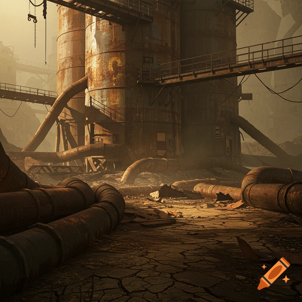 A grimdark industrial facility with rusty silos, leaking pipes, and walkways in a desolate, cracked landscape.