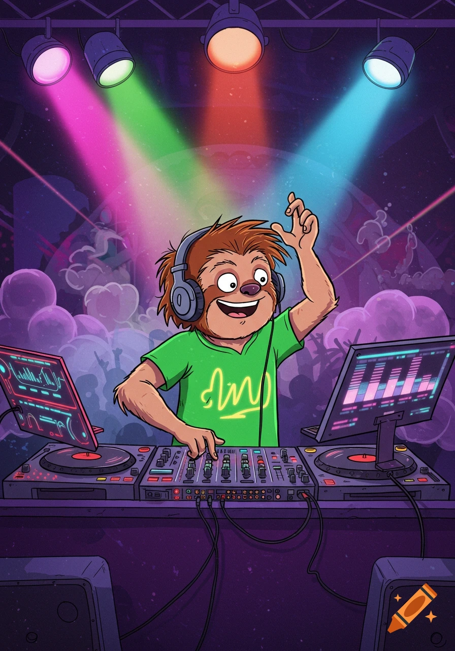 A cartoon sloth with headphones DJs at a party, illuminated by colorful stage lights. He wears a green shirt with a unique logo.