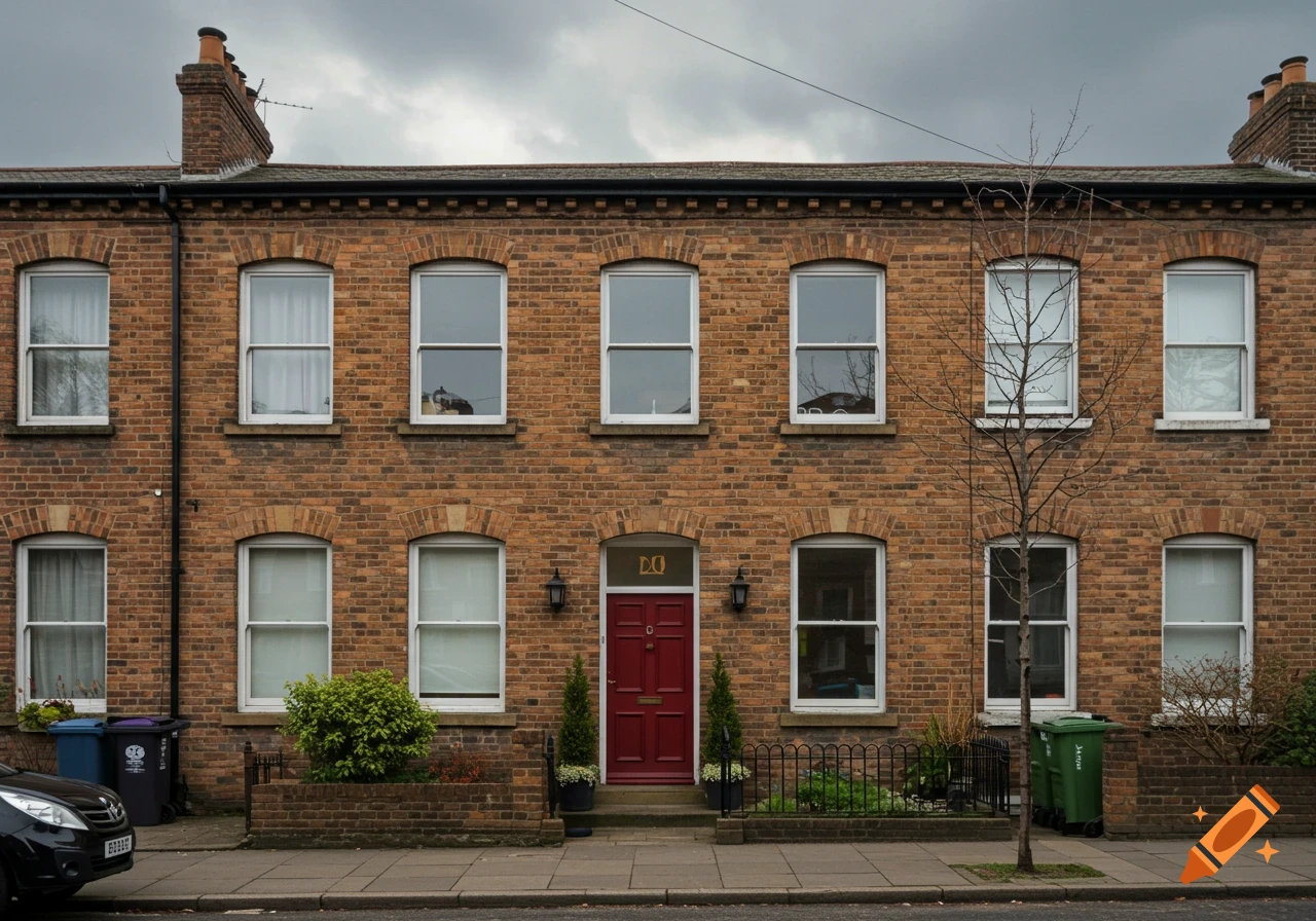 A brown brick row house with a red door, multiple windows, and a bare tree in front under a cloudy sky.