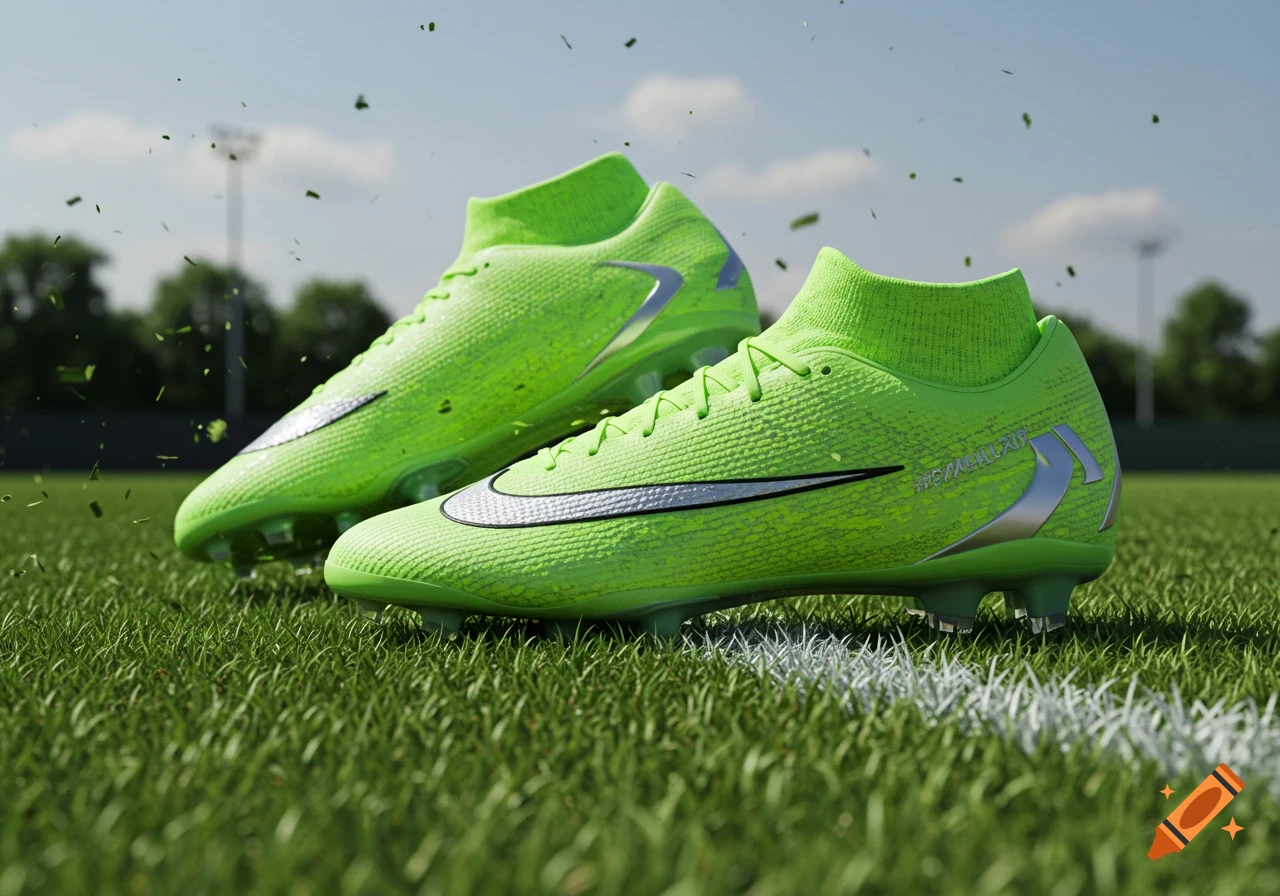 Two bright green Nike soccer cleats on a grassy field with a white line.