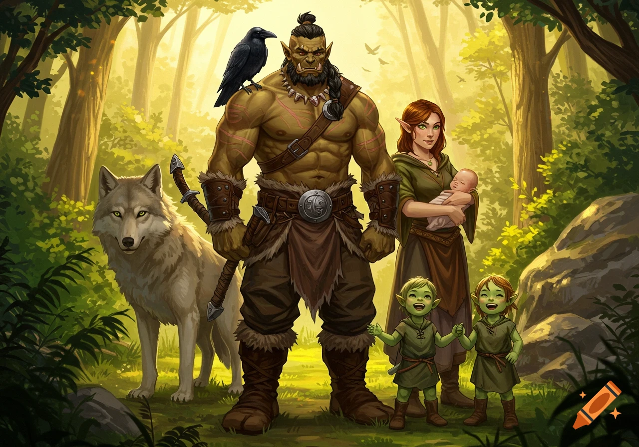 A fantasy illustration of an orc man, a half-elf woman holding a baby, two green-skinned children, a wolf, and a raven in a sunlit forest.