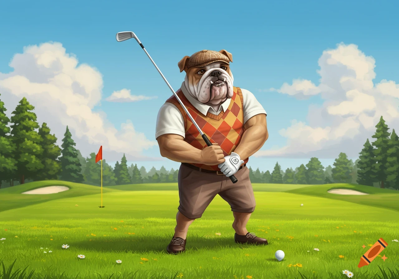 A cartoon bulldog in golf attire holds a golf club on a green golf course under a blue sky.