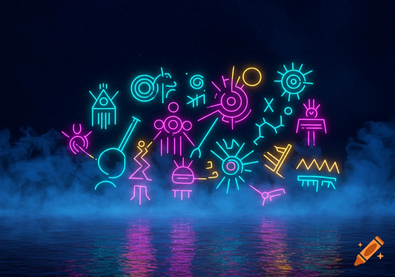 Neon glowing abstract symbols resembling tribal art float above misty water at night.