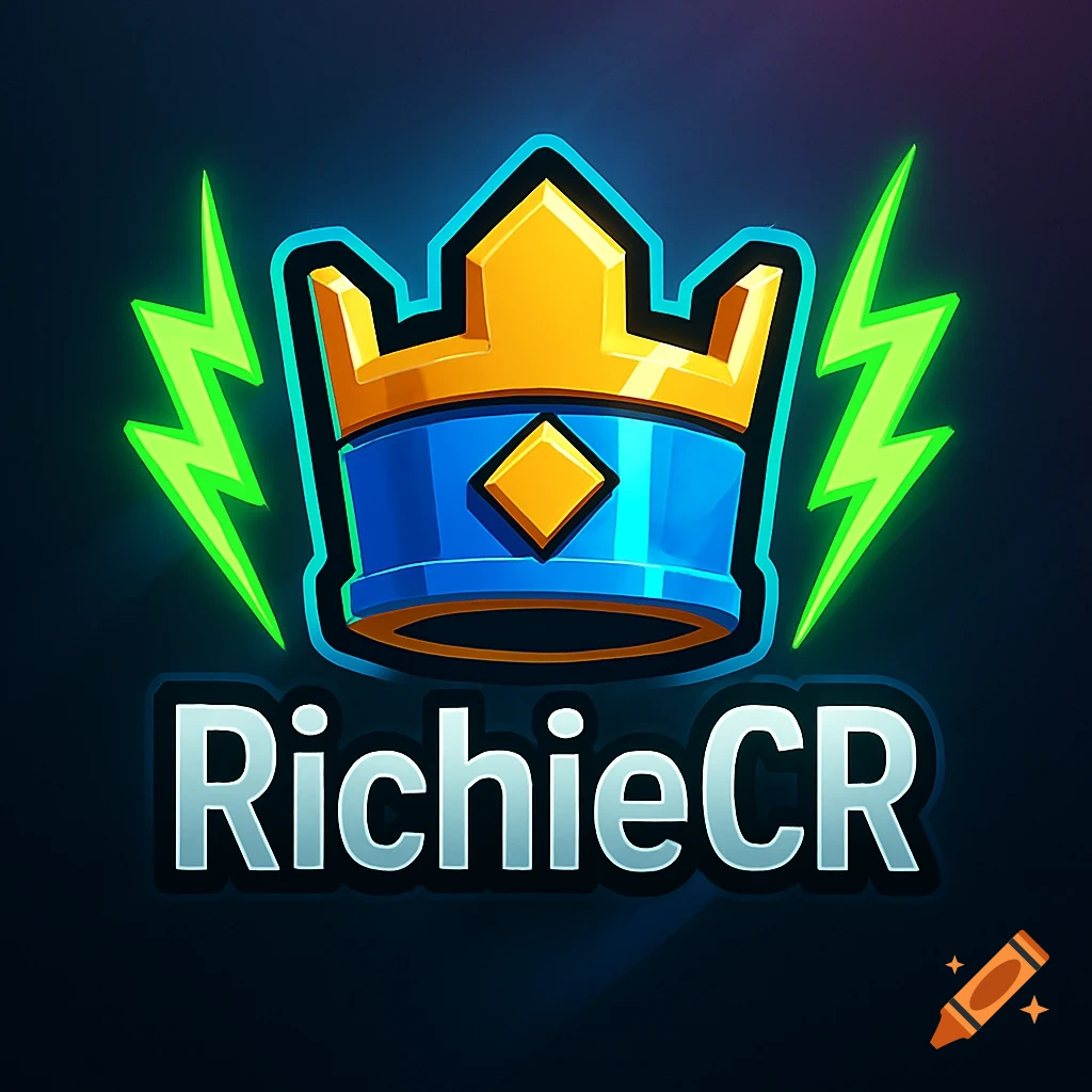 A stylized logo featuring a golden and blue crown with two green lightning bolts, above the text "RichieCR".