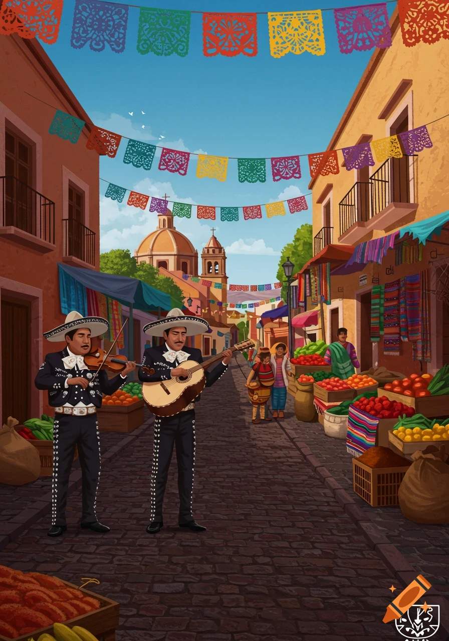 Two mariachi musicians play violin and guitar on a cobblestone street in a vibrant Mexican town with market stalls and colorful banners.