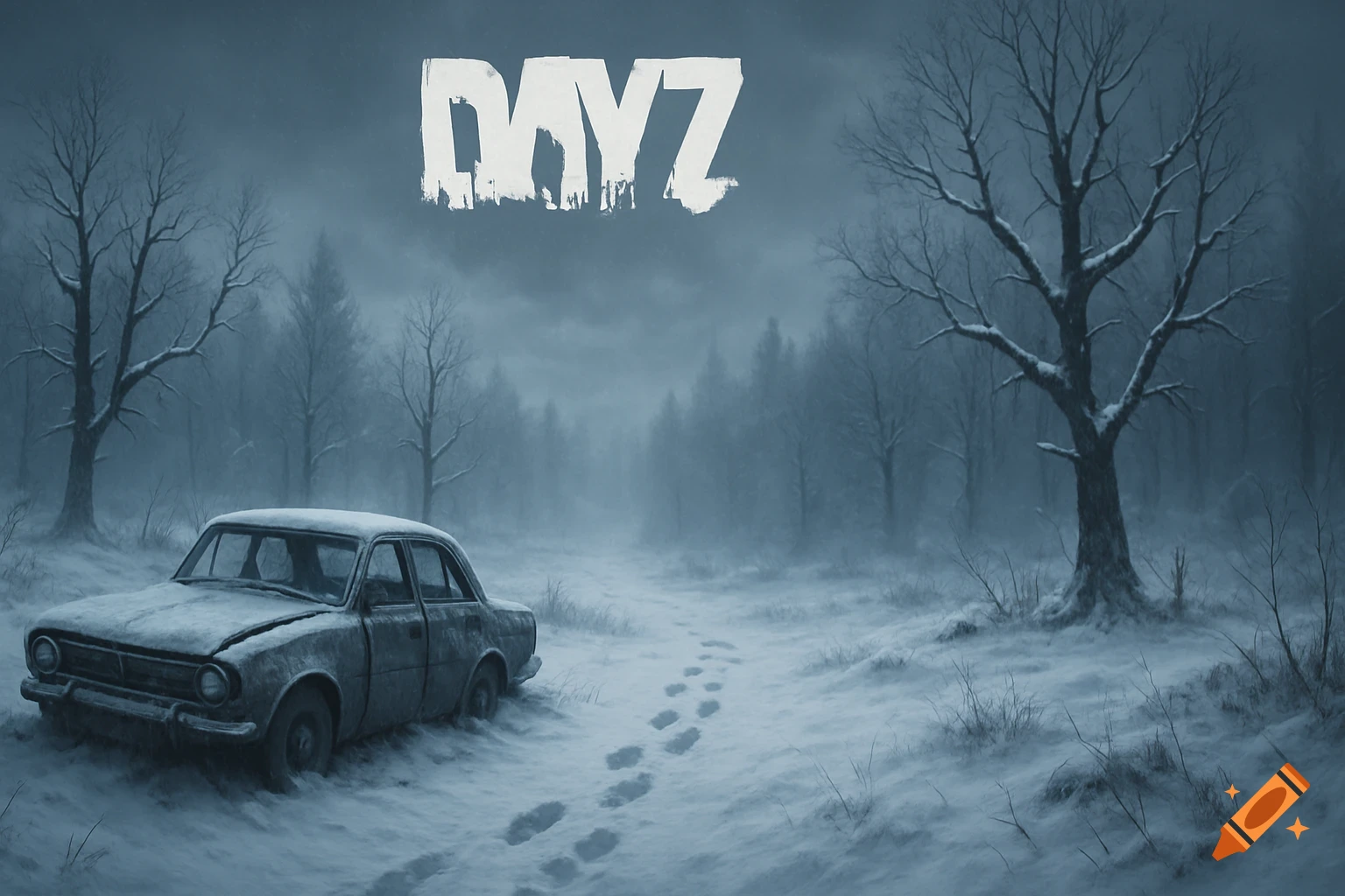 A desolate winter landscape with a wrecked car on a snowy path, barren trees, and the 'DAYZ' logo above.