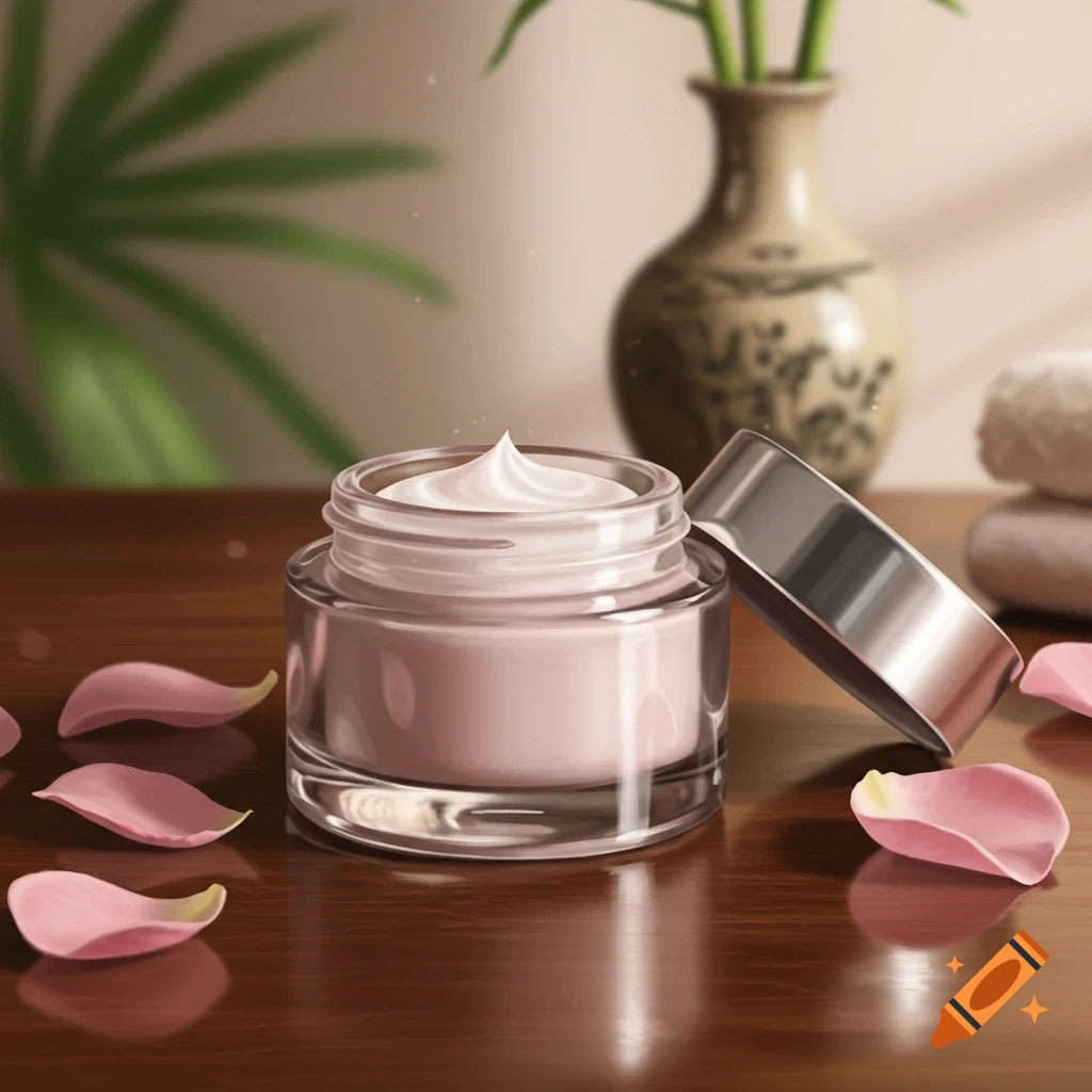 A jar of pink cream with white swirled product on top, beside its silver lid and scattered rose petals on a wooden surface.