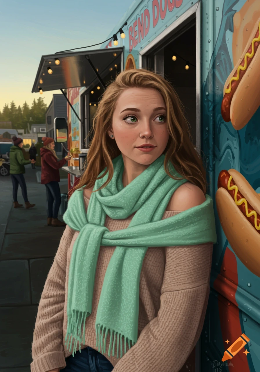Digital painting of a young woman with long blonde hair and green eyes, wearing a beige sweater and mint green scarf, standing in front of a blue food truck named 'BEND DOGS'.
