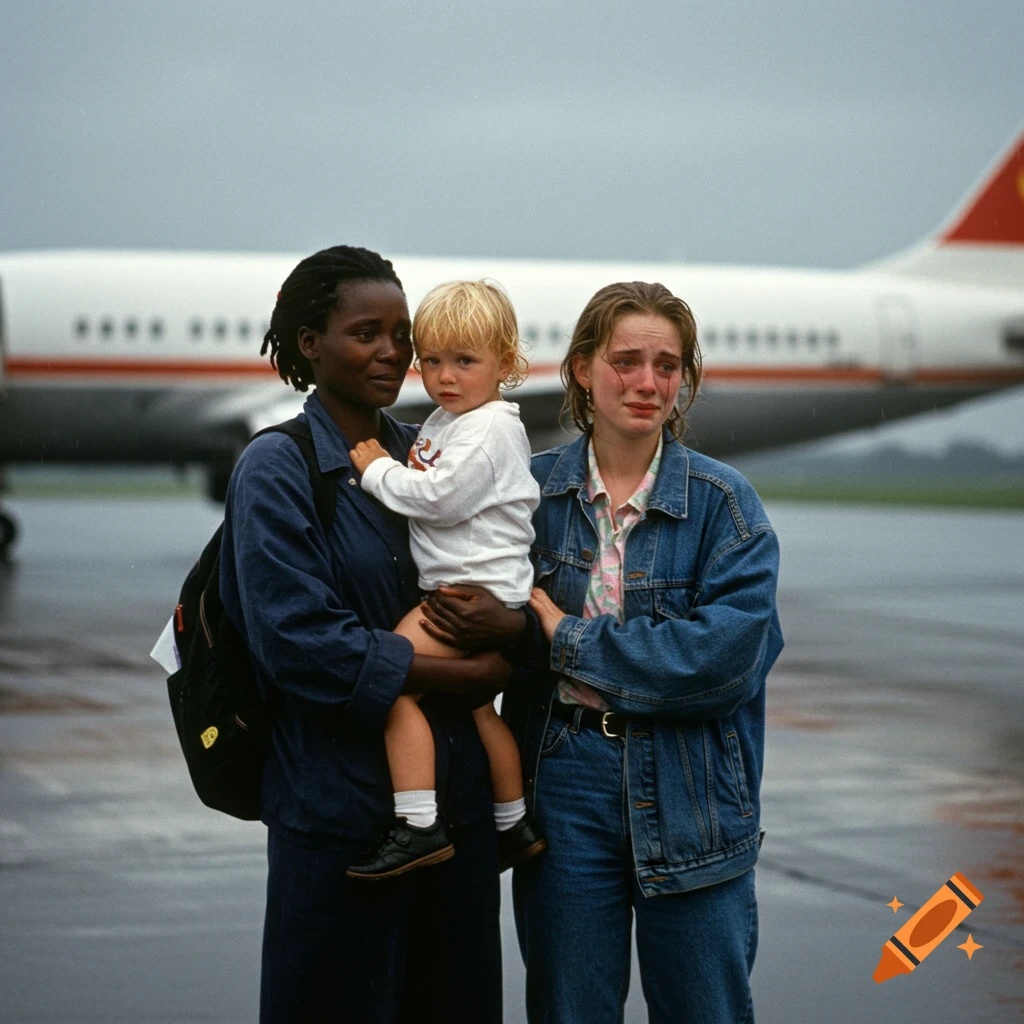 An African woman holds a blonde child next to a crying woman at a rainy airport with an airplane behind them. Photorealistic.
