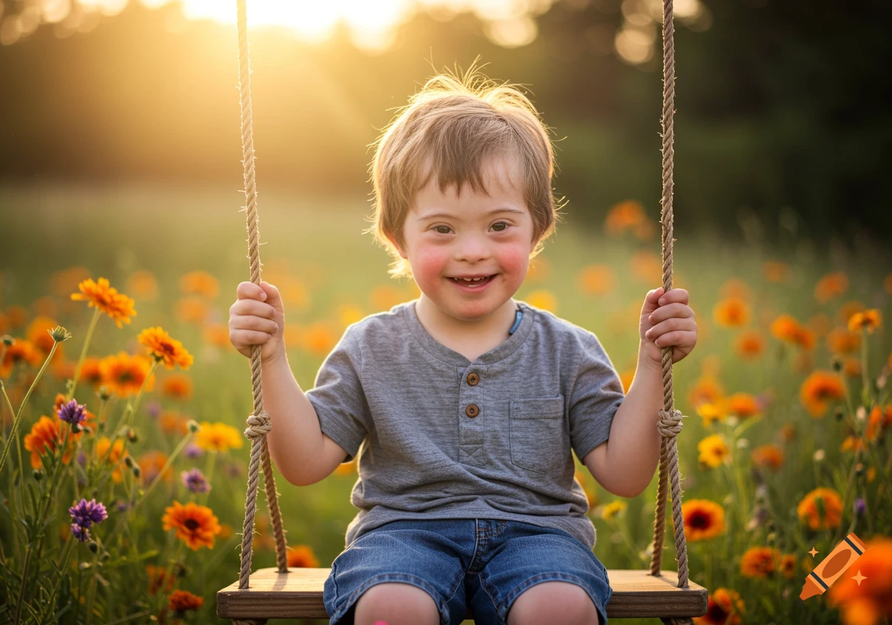 Happy boy with Down syndrome on a wooden swing in a sunny field of orange flowers, photorealistic.