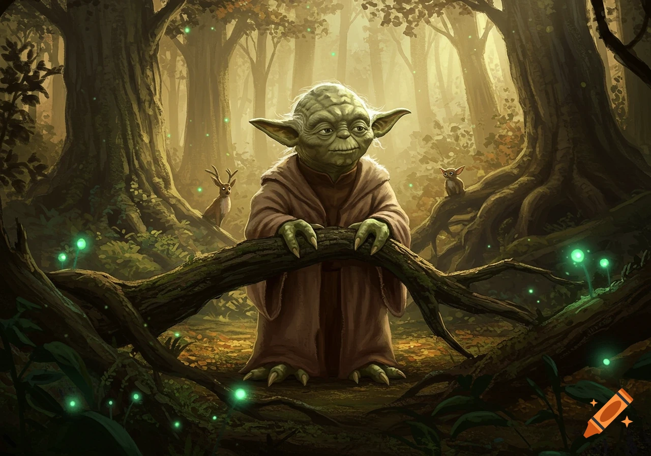 Yoda stands in a lush, glowing forest, holding onto a fallen log, with a deer and an owl in the background. Digital painting.