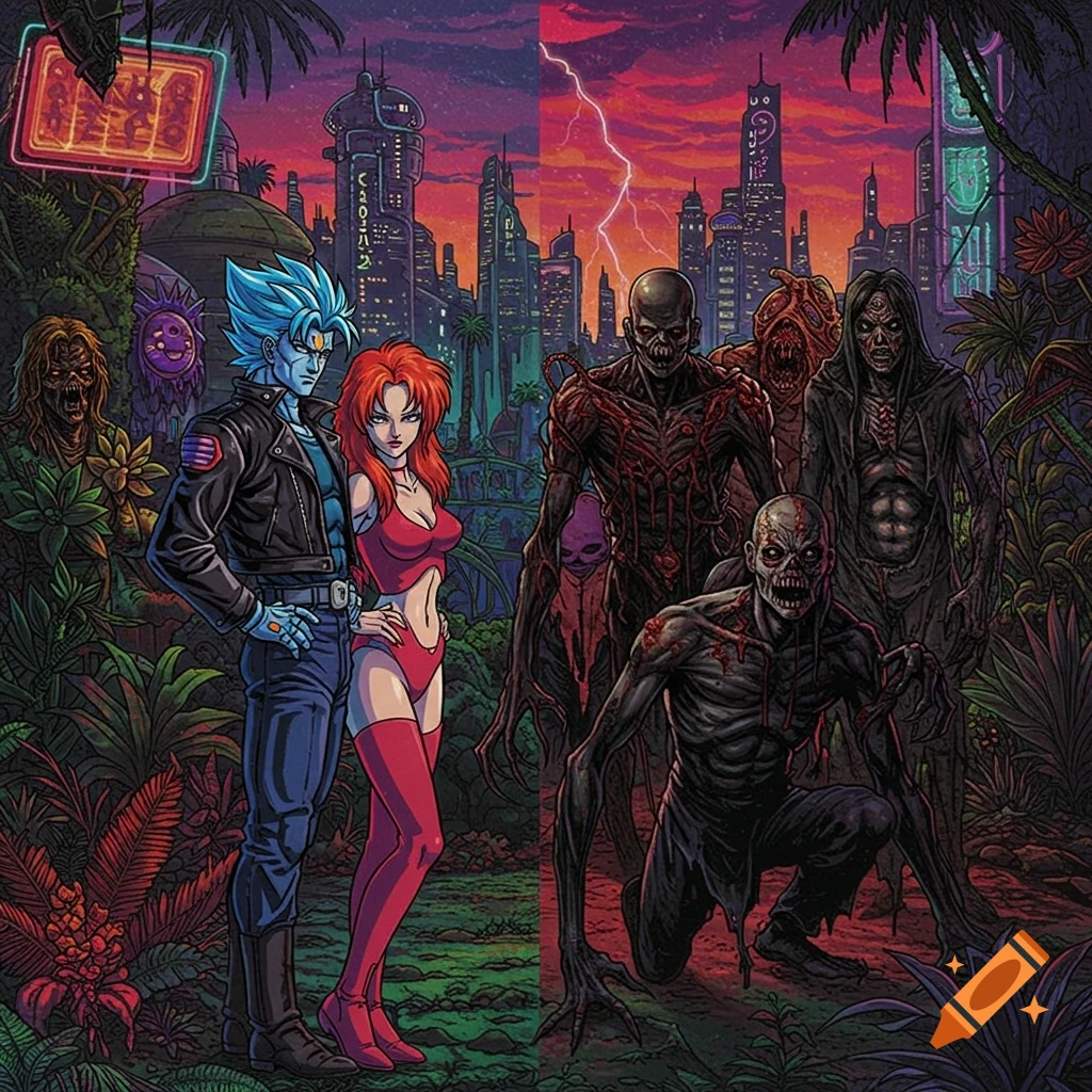 An anime-style image depicting a blue-haired man and a red-haired woman standing among zombies in a tropical cyberpunk city.