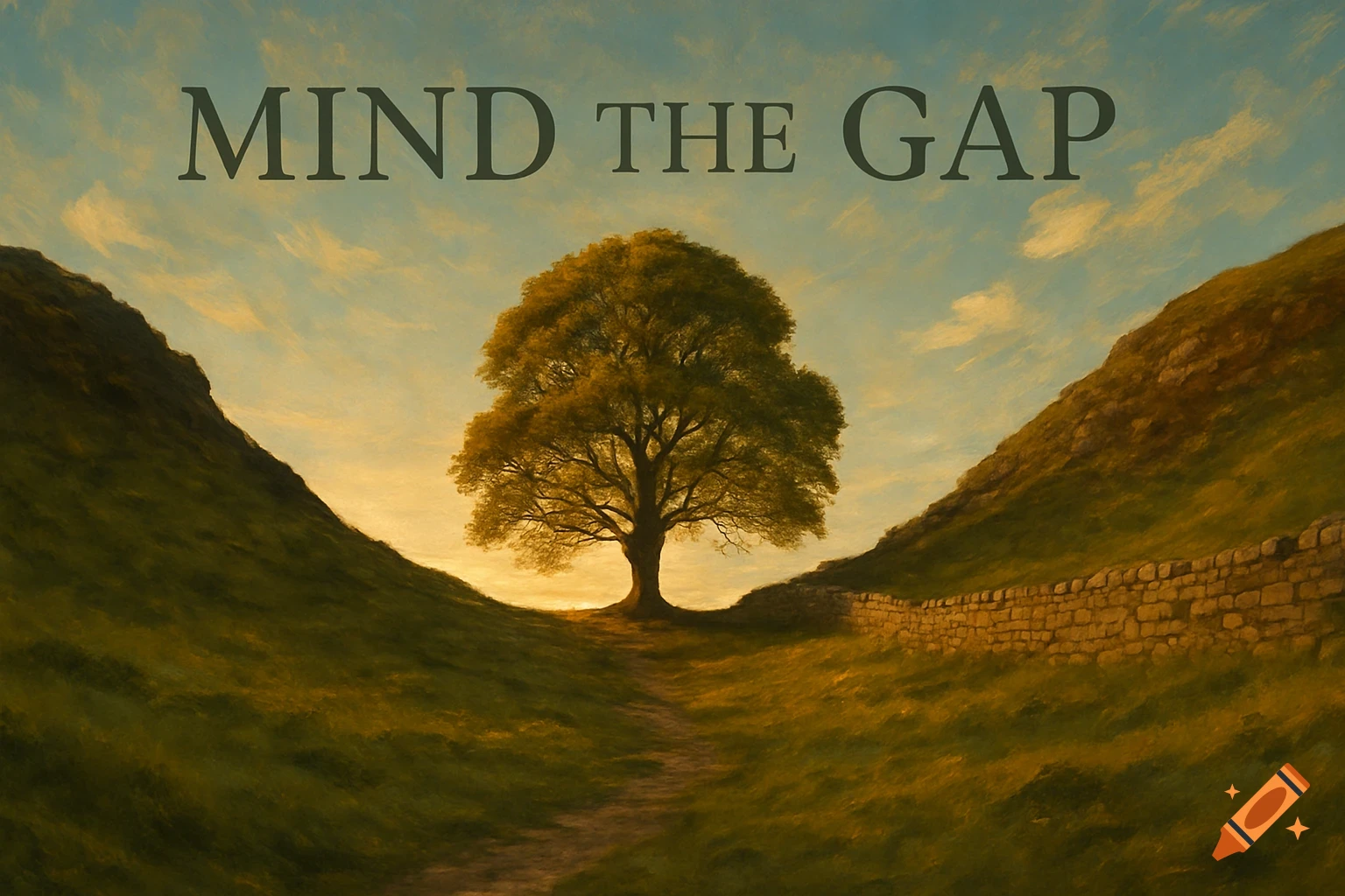 A solitary tree stands between two grassy hills with a path and stone wall at sunset. Text 'MIND THE GAP' above.
