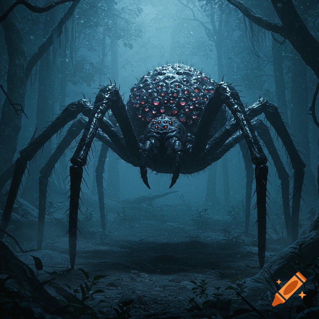 A large, black, mutated spider with many red glowing eyes stands in a dark, misty forest.