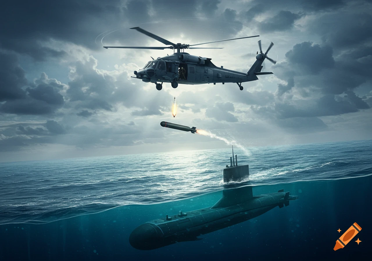 A photorealistic image of a navy helicopter dropping a torpedo towards a partially submerged submarine in the ocean under a cloudy sky.