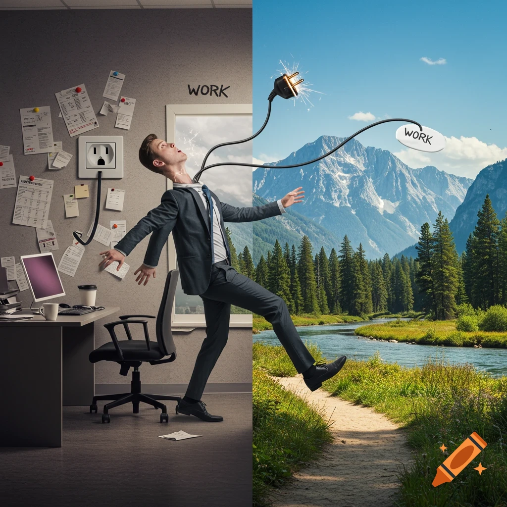 A man in a suit pulls an electrical plug labeled 'WORK' from his head, transitioning from a drab office to a vibrant natural landscape with mountains and a river.