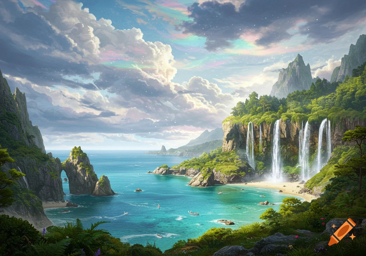 Vibrant tropical island landscape with multiple waterfalls, lush green cliffs, a natural rock arch, turquoise ocean, and boats under a sky with iridescent clouds.