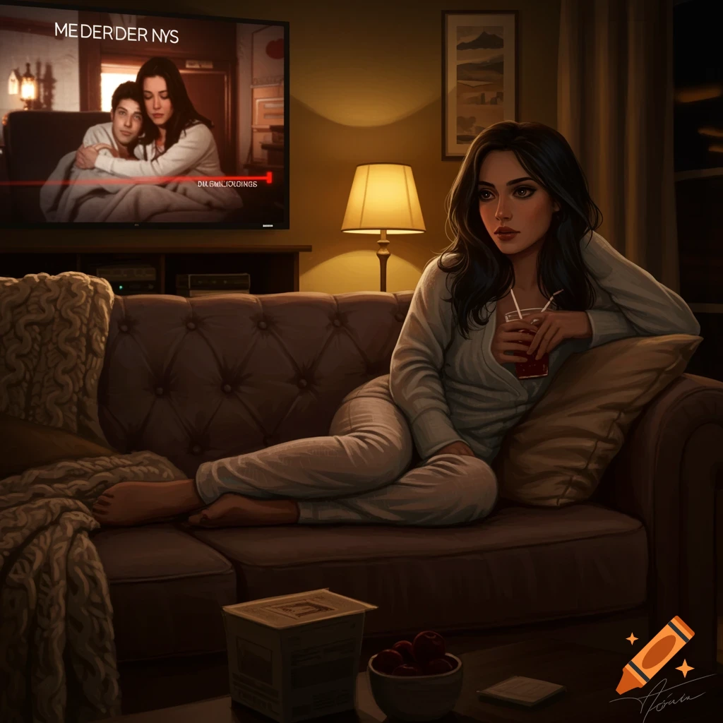 An illustrated woman in pajamas lounges on a couch, drinking and watching a TV show in a cozy living room.
