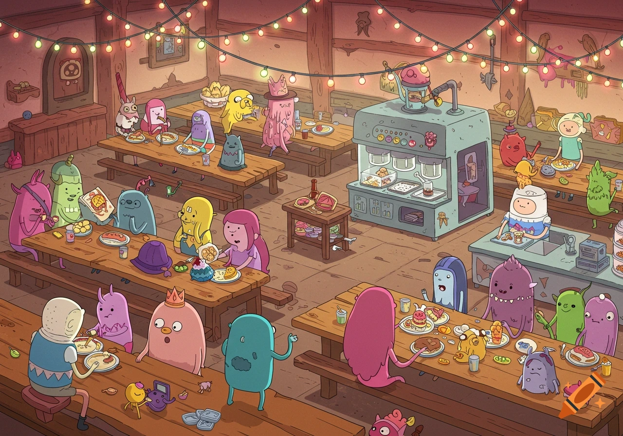 A large group of colorful, quirky cartoon characters are dining and socializing in a cozy, illuminated cafeteria.