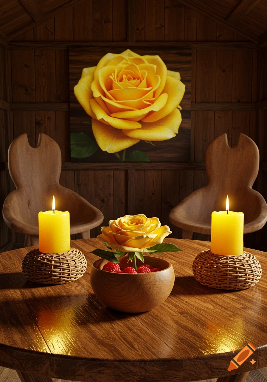 A hyper-realistic still life with a yellow rose, raspberries, and two lit yellow candles on a wooden table inside a rustic wooden hut.