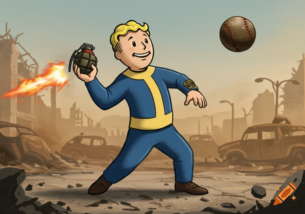 Vault Boy from Fallout throwing an exploding grenade, with a baseball floating above, in a ruined city wasteland.