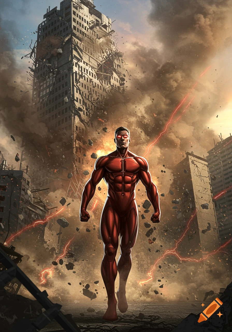 A powerful, muscular figure with glowing red eyes stands in a destroyed city under a smoky sky, comic art style.
