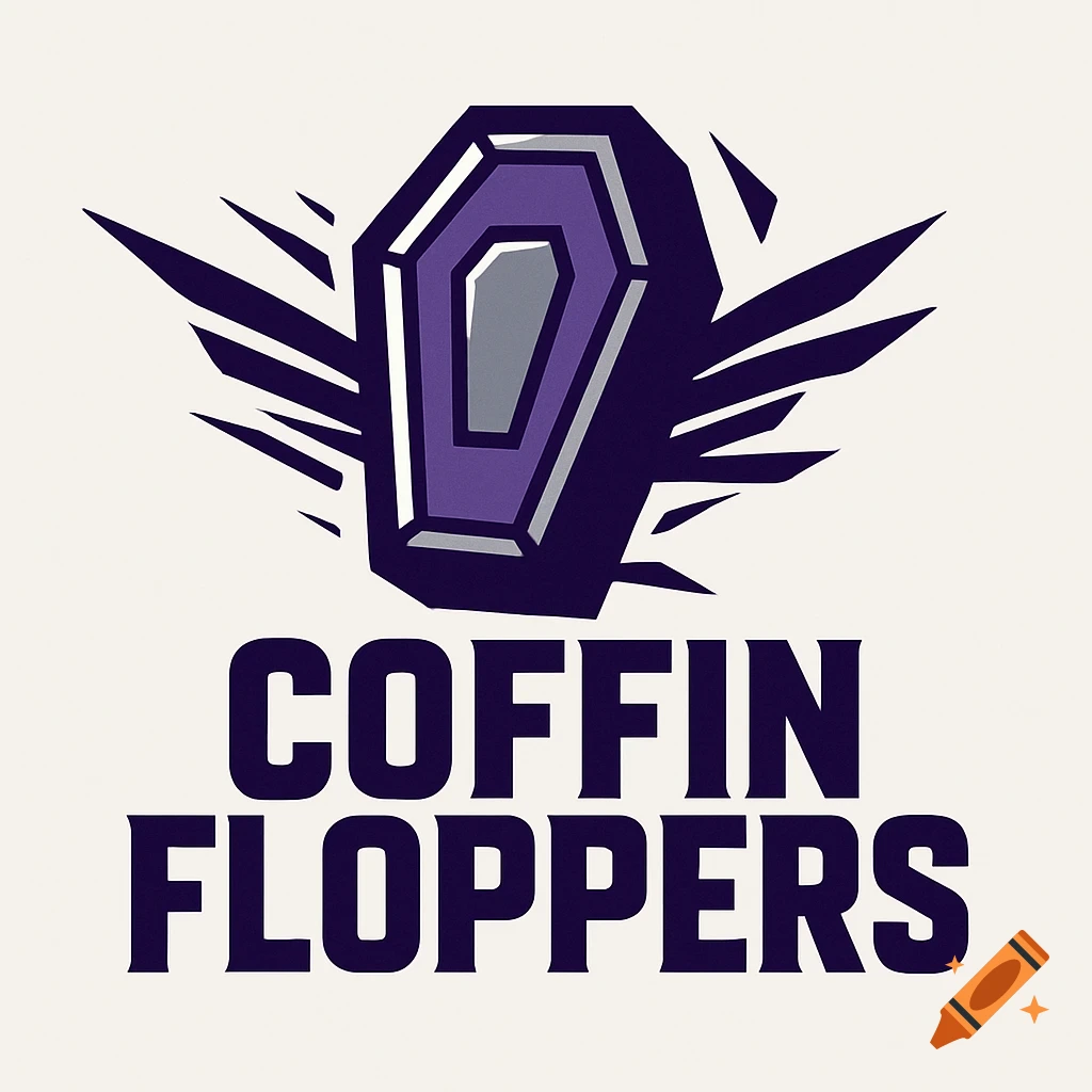 A stylized purple and silver coffin logo with dynamic lines above the bold text 'COFFIN FLOPPERS' on a light background.
