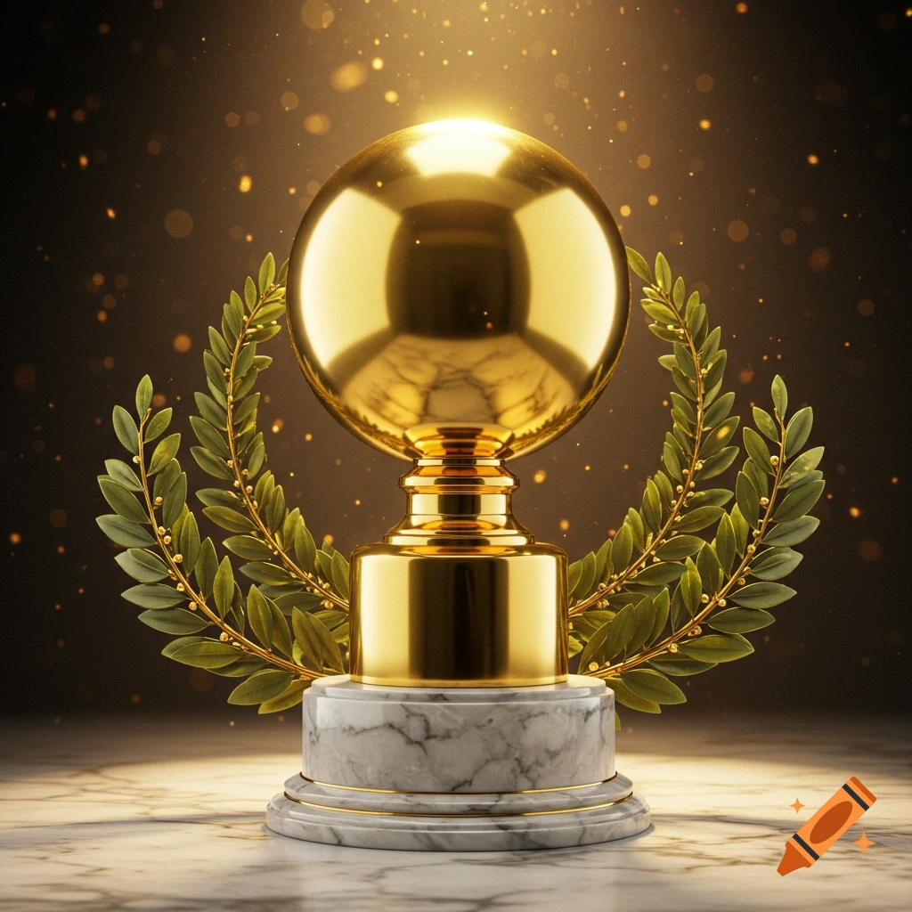 A shimmering gold award trophy with a large spherical top, a laurel wreath, and a marble base, against a sparkling dark background.