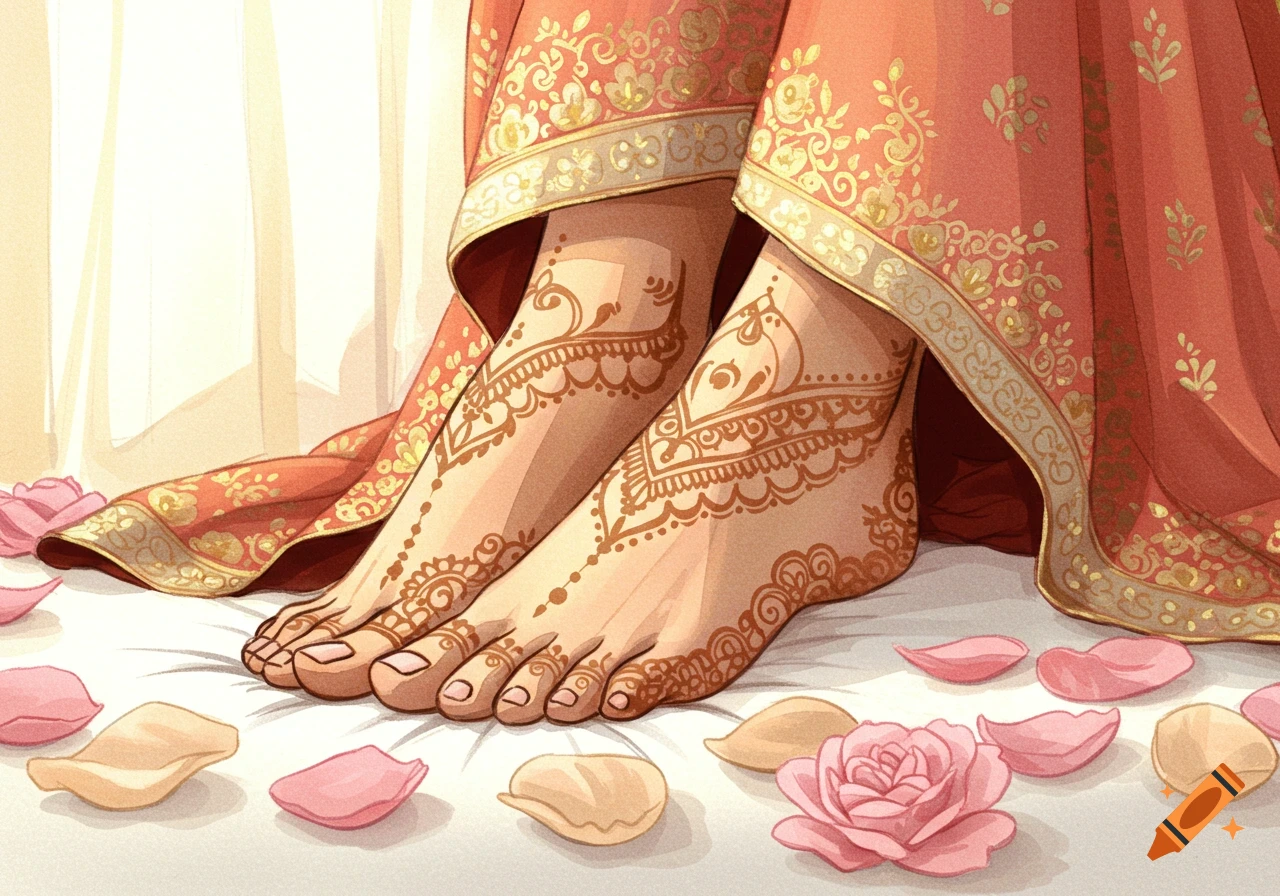A close-up of a person's feet adorned with intricate henna designs, surrounded by pink and yellow rose petals and draped in a traditional patterned garment.