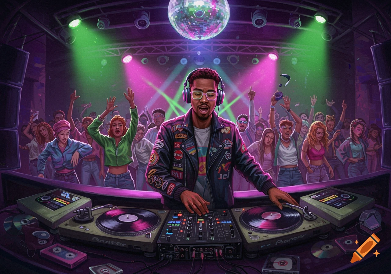 An illustrative image of a male DJ performing at a vibrant 90s disco with a cheering crowd, featuring turntables, a mixer, and a disco ball.