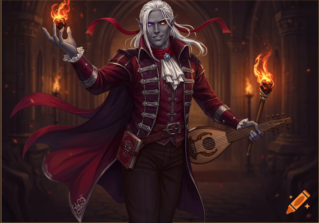 A gray-skinned male fantasy character with white hair and mismatched eyes holds a lute and a flaming orb in a dark hall.